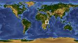 World map with latitude -3.1 and longitude 37.4 marked