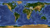 World map with latitude 38.2 and longitude 44.4 marked