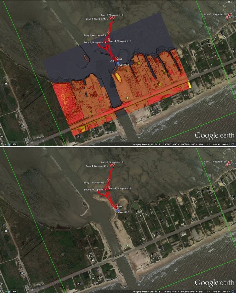 Another roughly processed subset of our LiDAR data that is centered on the opening of Rollover Pass into the eastern part of Galveston Bay